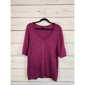 A.n.a Womens Purple Crochet Knit V-Neck Short Sleeve Pullover Sweater Size Large